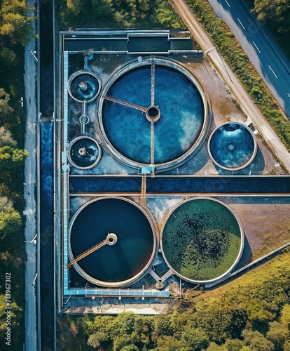 Aerial View of a Sewage Treatment Plant at Dusk Featuring Circular Tanks