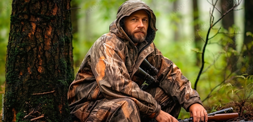 A man in a camouflage suit sits on the ground in the woods.