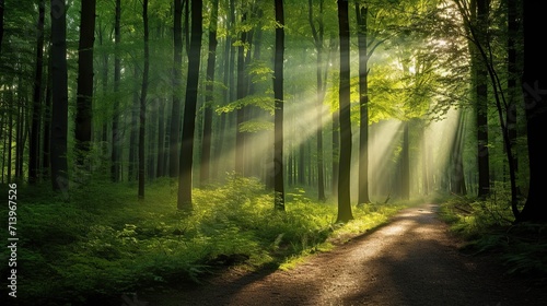 Forest landscape, Beautiful sunlight in green forest © Anak
