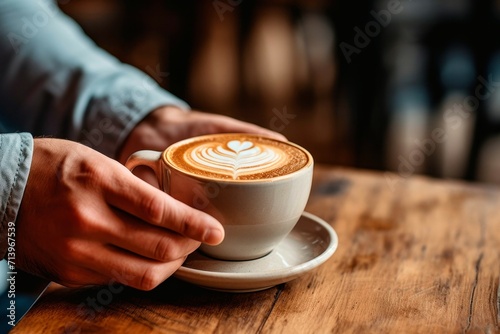 Coffee cup with latte art on wooden table in cafe