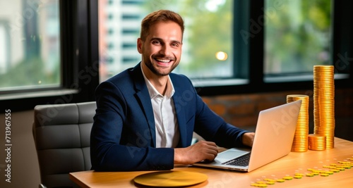 Portrait of a happy young businessman sitting at a table in front of a laptop and smiling