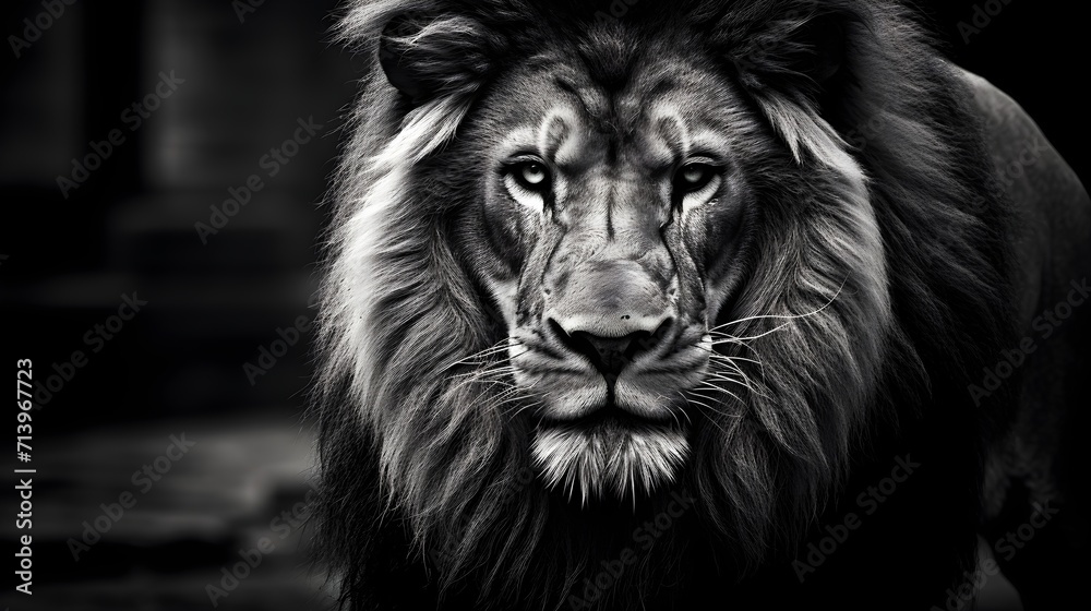 Lion's Intense Gaze in Black and White: Capturing the Soul of the King of the Jungle - Powerful Wildlife Portrait