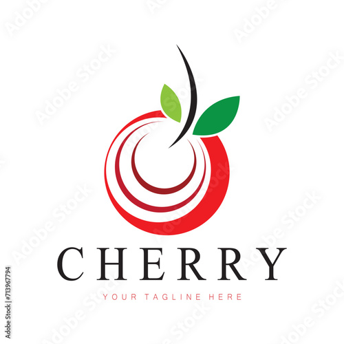 Fresh cherry fruit logo with minimalist leaf line art style. for fruit shop, cherry farm, cake, business,
