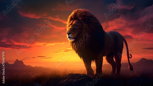 Lion Silhouette at Sunset  Majestic Beauty Against Vibrant Sky - Breathtaking Wildlife Scene