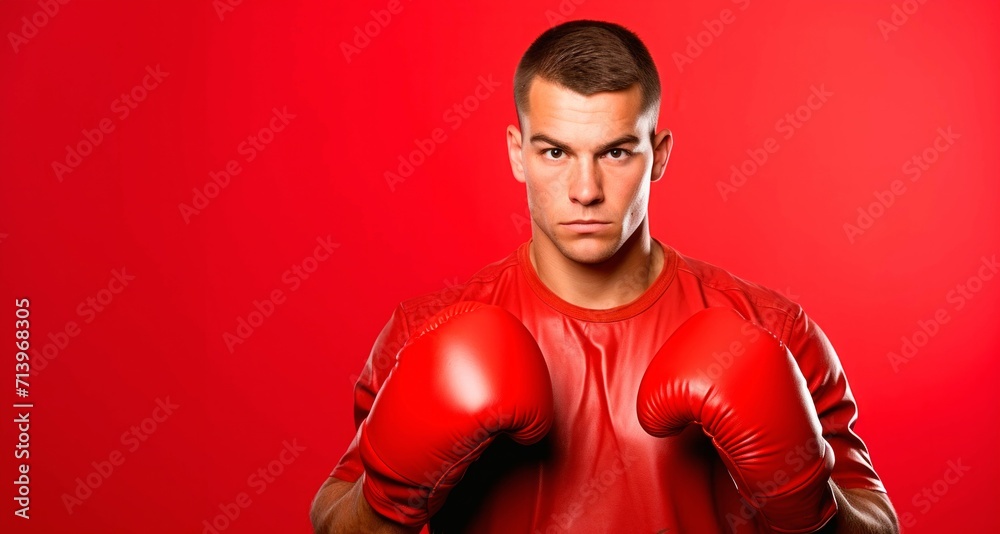 Portrait of a young man with boxing gloves on a red background