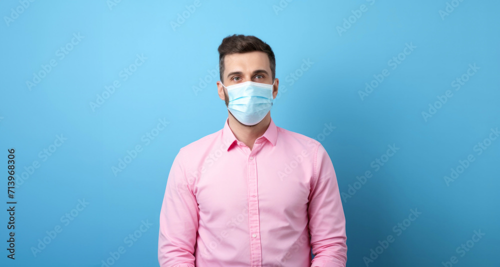 Young man in protective mask on blue background. Quarantine concept. Young man in protective mask on blue background. Quarantine concept.