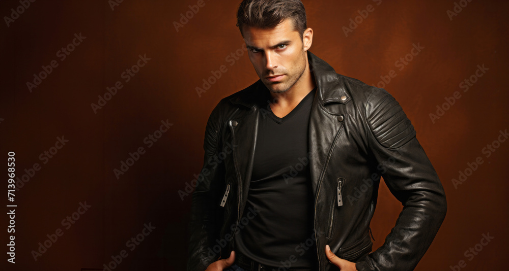 Portrait of a handsome young man in black leather jacket on brown background - obrazy, fototapety, plakaty 