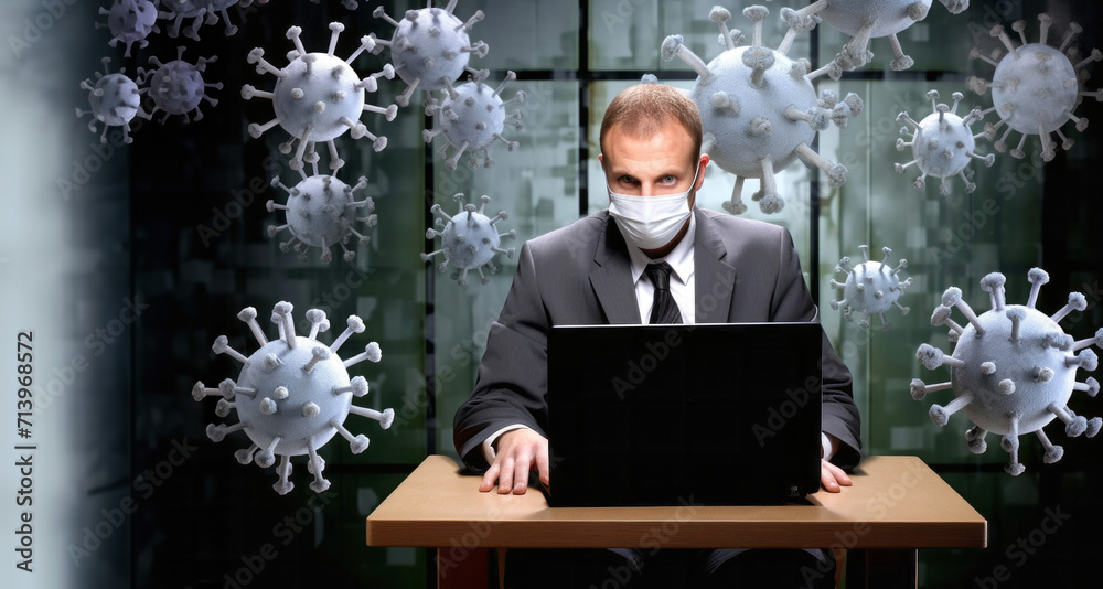 Businessman in protective mask working on laptop with coronavirus cells Businessman in protective mask working on laptop with coronavirus cells