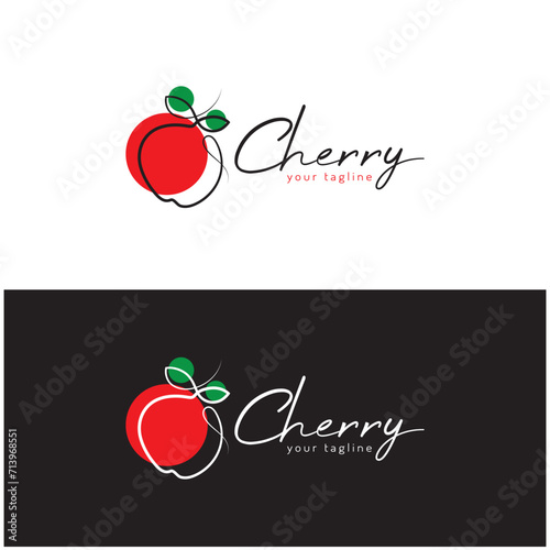 Fresh cherry fruit logo with minimalist leaf line art style. for fruit shop, cherry farm, cake, business,