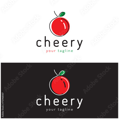 Fresh cherry fruit logo with minimalist leaf line art style. for fruit shop, cherry farm, cake, business,