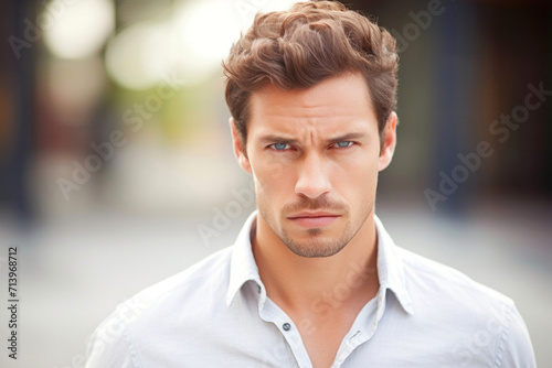 Closeup portrait of a handsome young man in the street looking away