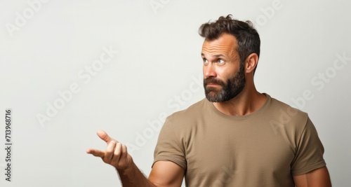 Handsome man with beard and t-shirt pointing to the side with a serious expression on a gray background