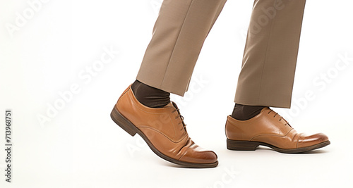 Men's legs in brown leather shoes on a white background. 3d rendering