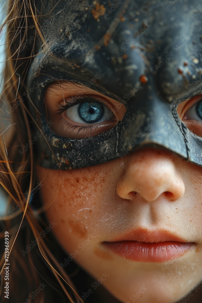 Adorable Little Hero: A Sweet Portrait of a Young Girl Wearing a Batman Mask, with Blue Eyes and Blond Hair and Cute Freckles. Adorable Little Hero: A Sweet Portrait of a Young Girl Wearing a Batman Mask, with Blue Eyes and Blond Hair and Cute Freckles.