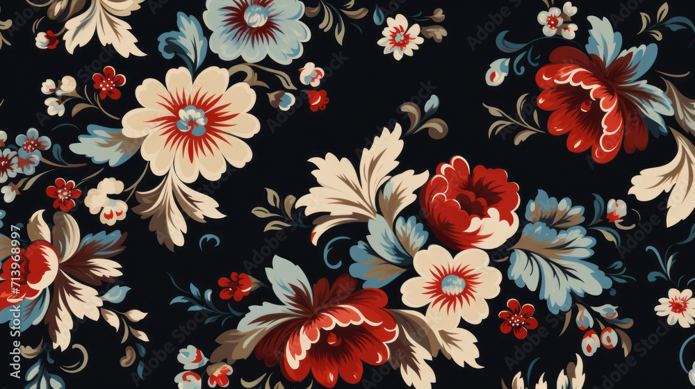 Traditional Russian floral pattern on black background. Vibrant Spirit of Russia with Authentic flowers pattern - obrazy, fototapety, plakaty 