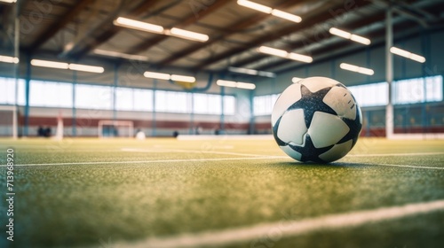 Soccer Ball on an indoor sport stadium with goal and empty field.