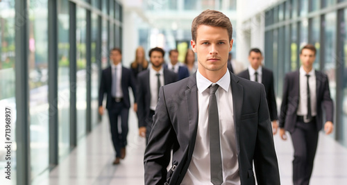 Portrait of a young businessman in front of a group of business people