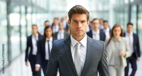 Portrait of a young businessman in front of his business team.