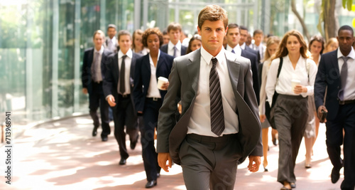 Portrait of a businessman walking in front of a group of business people