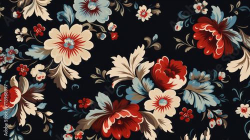 Traditional Russian floral pattern on black background. Vibrant Spirit of Russia with Authentic flowers pattern photo