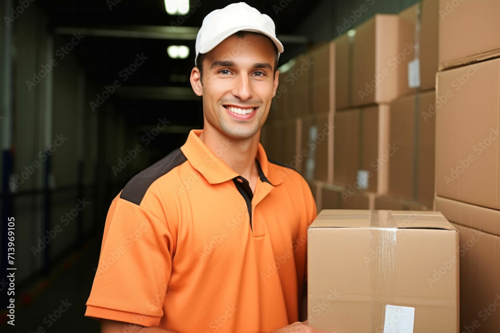 Portrait of smiling delivery man in uniform with box in warehouse. Portrait of smiling delivery man in uniform with box in warehouse.