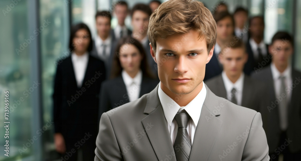 Portrait of young businessman standing in front of his colleagues in office