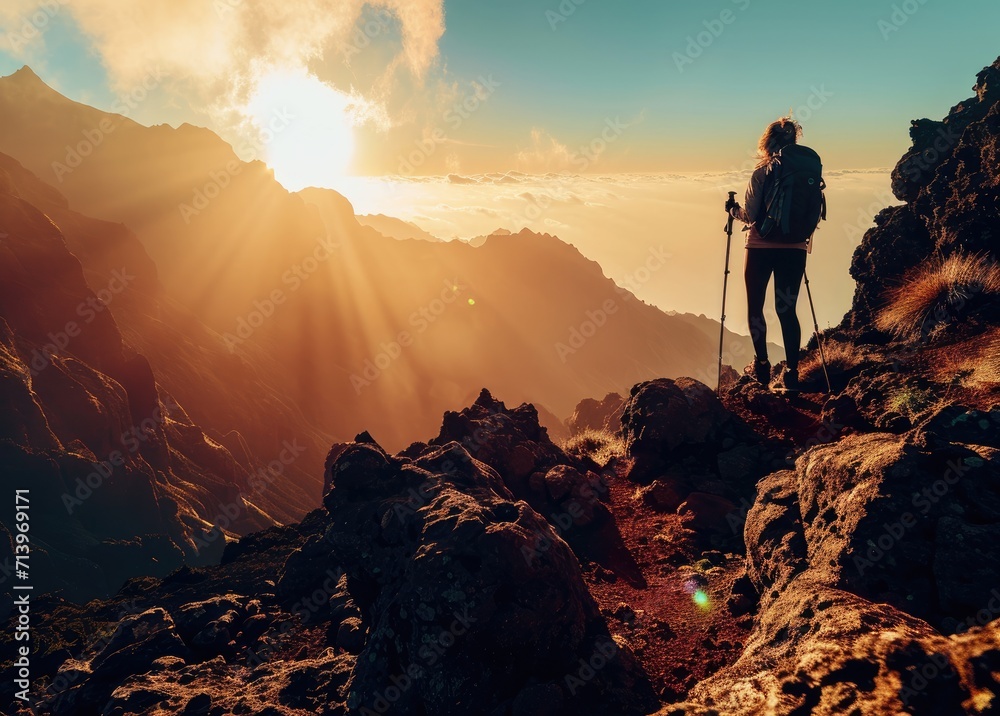 Island Sunset Trek: A Stunning Silhouette of a Woman in Shorts Trekking Through Madeira's Mountains at Sunset, Embracing the Beauty of Pico and the Atlantic Scenery.

