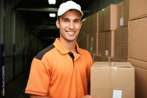 Portrait of smiling delivery man in uniform with box in warehouse. © YannTouvay