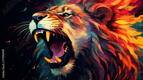 Digital Art  Vibrant Abstract Lion s Roar - A Colorful Symphony of Wildlife Power and Expression