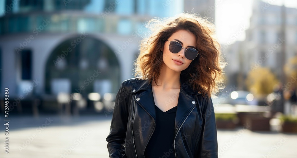 Portrait of a beautiful young woman in black leather jacket and sunglasses.