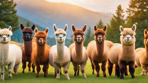 Alpacas animals banner panorama long Collection close up portrait headshot head of cute sweet funny laughing smiling group of alpaca vicugna pacos isolated on white background, Generative Ai photo