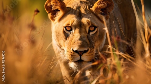 Lioness on the Prowl: Dramatic Image Amidst Tall Grass - A Striking Wildlife Hunt Unfolds