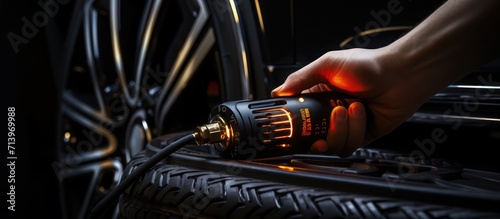 close up of hand inflating a tire. check tire pressure and pump air into the car's tires. Car maintenance service