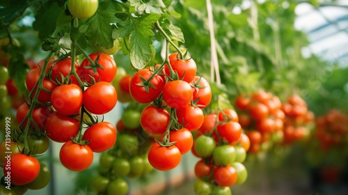 Red tomatoes hanging in a green house for healthy food concept background. Many tomatoes growing in the garden. Generative AI