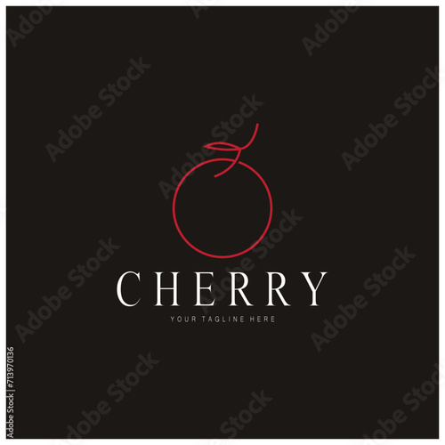 Fresh cherry fruit logo with minimalist leaf line art style. for fruit shop, cherry farm, cake, business,