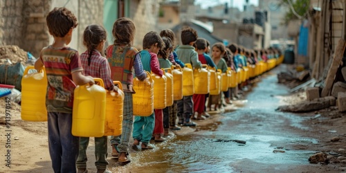 Fotografiet Children from Palestine wait in line for water to drink