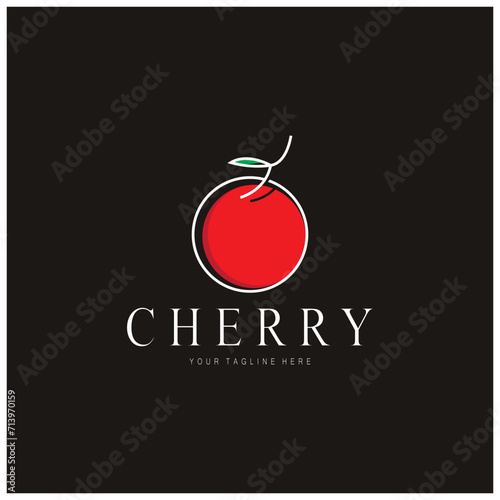 Fresh cherry fruit logo with minimalist leaf line art style. for fruit shop, cherry farm, cake, business,