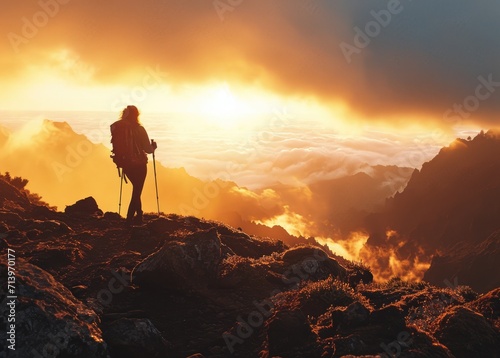 Island Sunset Trek: A Stunning Silhouette of a Woman in Shorts Trekking Through Madeira's Mountains at Sunset, Embracing the Beauty of Pico and the Atlantic Scenery.   © Mr. Bolota