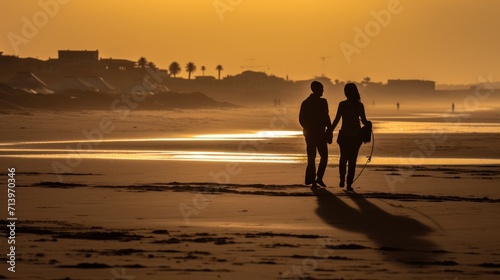 Silhouette of an unidentified couple getting ready to do kitesurfing at the beach of Essaouira, Morocco, which offers a perfect blend of wind and waves, attracting surf enthusiasts from around. © haizah