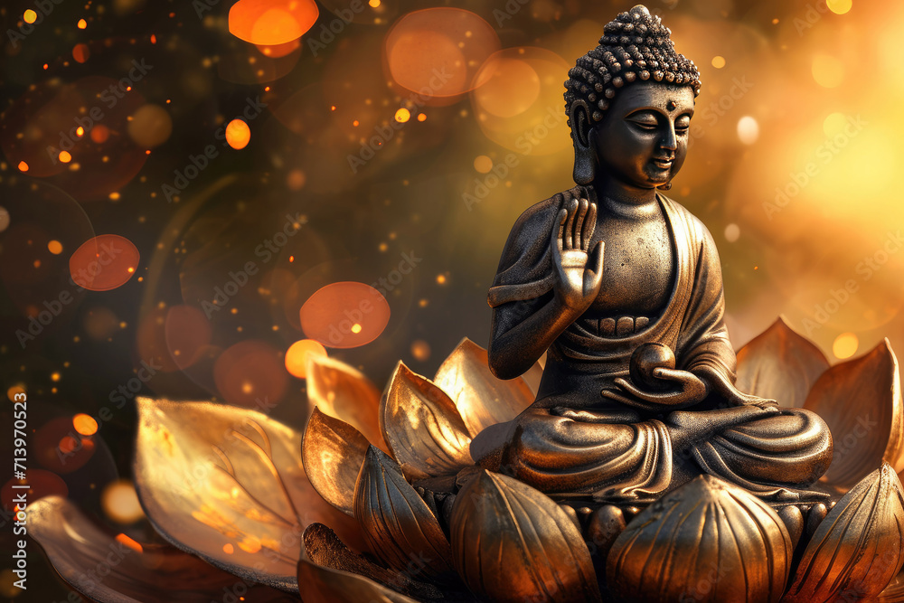 Buddha statue with a lotus flower on an abstract beautiful decorative shining background, Asia faith spirit and culture.