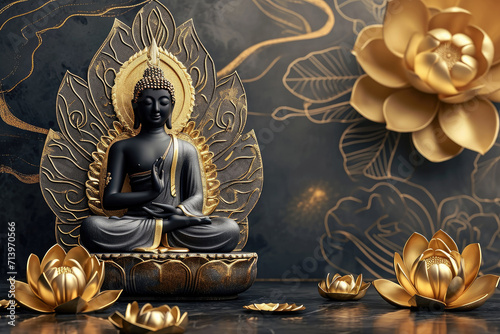 Buddha statue with a lotus flower on an abstract beautiful decorative shining background  Asia faith spirit and culture.