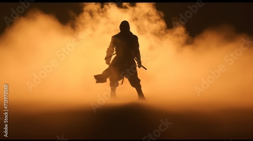 silhouette of a ninja fighter in smoke and fog.