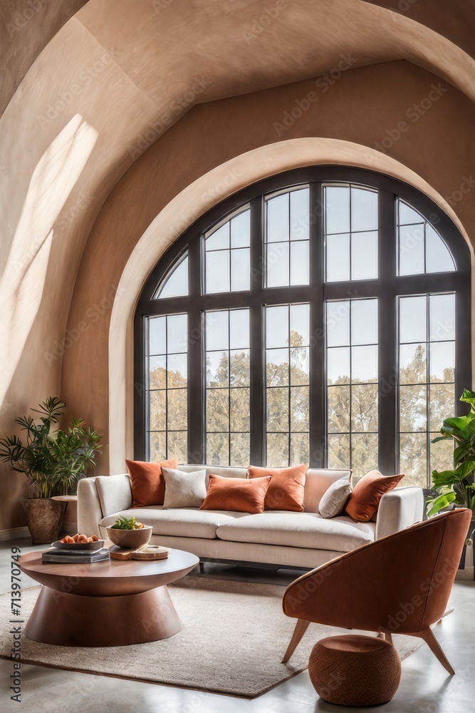 Loft home interior design of modern living room. beige sofa with terra cotta pillows against arched window near stucco wall with copy space.