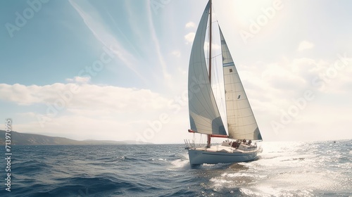 Sailing boat in light wind during regatta competition.