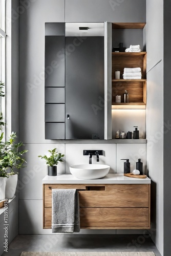 Wall-mounted vanity with white ceramic vessel sink. Interior design of modern scandinavian bathroom. © Adrin