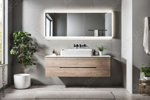 Wall-mounted vanity with white ceramic vessel sink. Interior design of modern scandinavian bathroom.