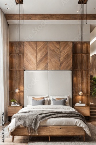 Wood bedside cabinet near bed with beige blanket. Farmhouse interior design of modern bedroom with lining wall and beam ceiling.