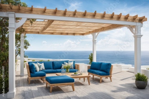 White-washed wood pergola attached to a blue beach cottage over a paved backyard patio with wicker seating and a propane fire table.