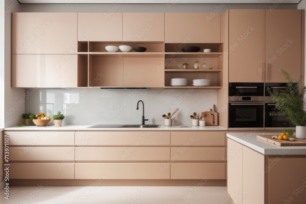 Interior home design of modern kitchen with wooden kitchen cabinets near the window Interior home design of modern kitchen with wooden kitchen cabinets near the window