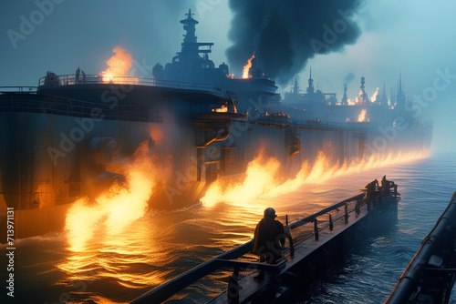 a ship on fire